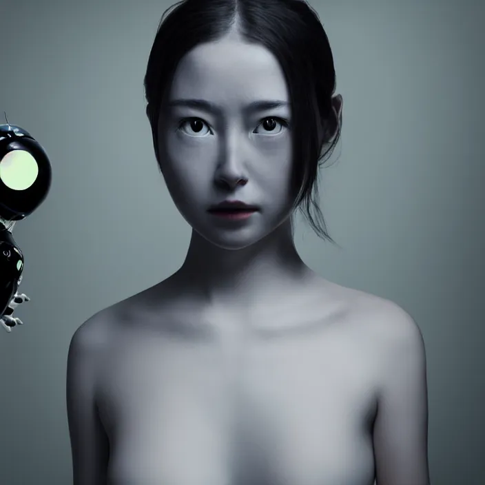 Prompt: cinematic portrait of woman from left, head and clothed chest only, exotic alien features, robotic enhancements, desaturated, in the style of studio ghibli