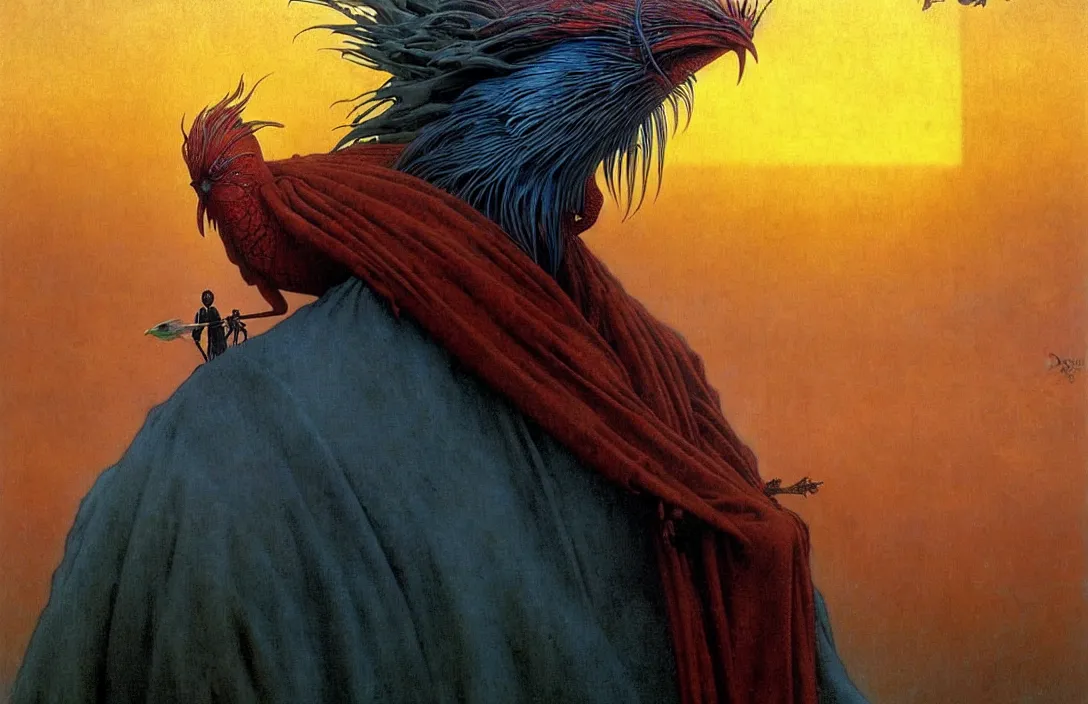 Image similar to realistic detailed portrait movie shot of a birdman wearing dark ragged robes, sci fi city sunset landscape background by denis villeneuve, amano, yves tanguy, alphonse mucha, ernst haeckel, max ernst, roger dean, masterpiece, rich moody colours, bird head, blue eyes