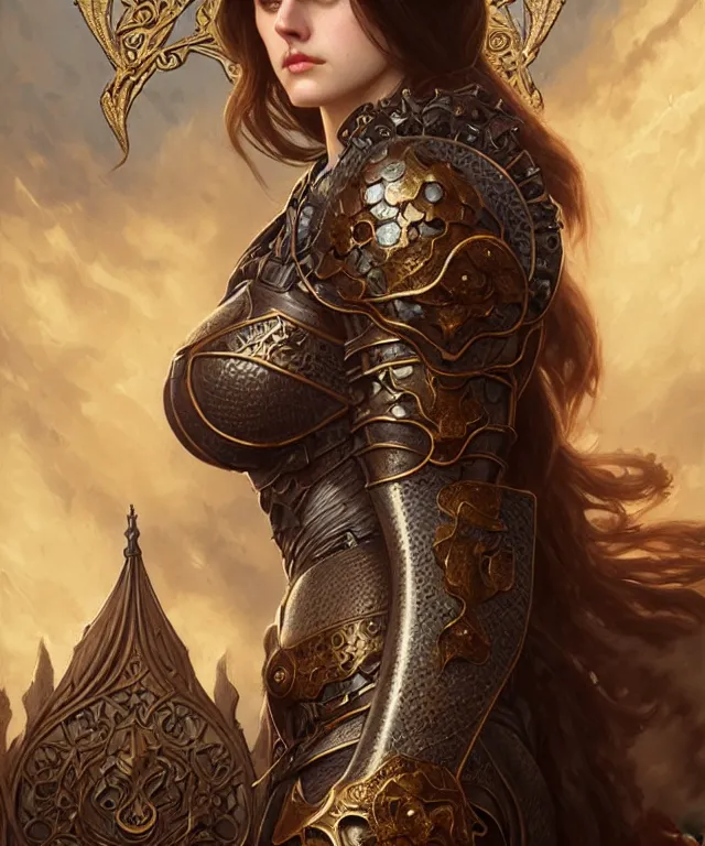 Image similar to Alexandra Daddario Muscular and powerful medieval knight portrait, art nouveau, fantasy, intricate flower designs, elegant, highly detailed, sharp focus, art by Artgerm and Greg Rutkowski