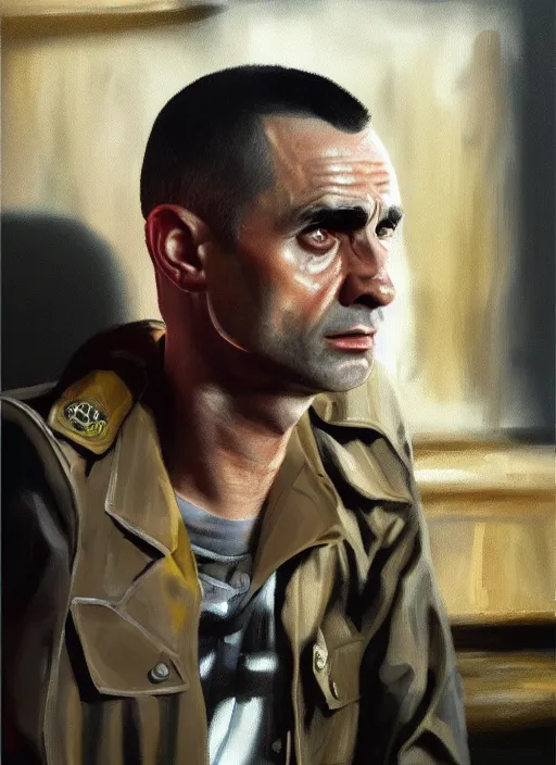 Prompt: realistic portrait of travis bickle from taxi driver, trending on artstation, low angle oil painting and composition laws, cinematic lighting, hyperdetailed, cgsociety, 8 k