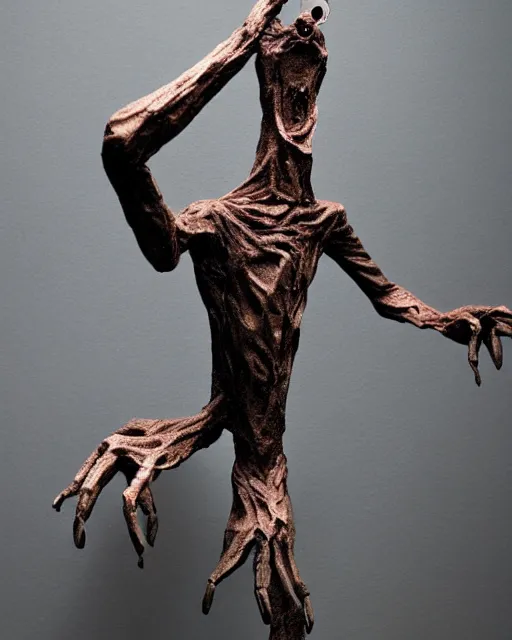 Prompt: photo of maquette sculpture of a creepy hand person monster, designed by jordu schell, a creepy human hand standing on two legs