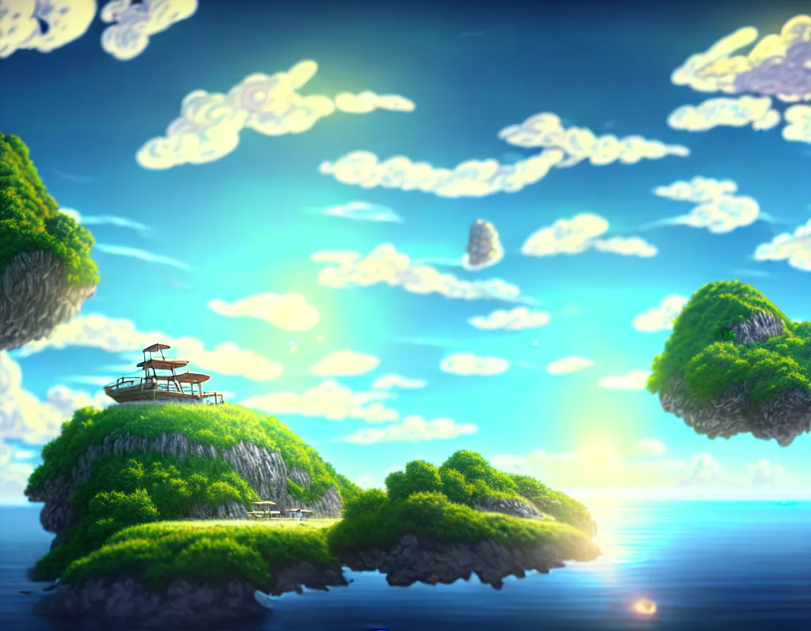 Prompt: ultra realistic illustration of magical island floating in the sky, serene evening atmosphere, soft lens, soft light, cel - shading, animation, in the style of cgsociety, deviantart, artstation, zbrush, cinema 4 d, studio ghibli, akihiko yoshida, atelier lulua, masamune shirow