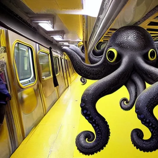 Image similar to of a giant octopus invading a interior of a subway train in new york,