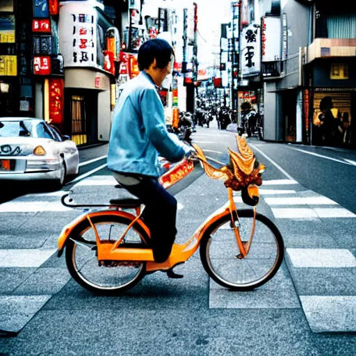 Image similar to a dragon riding a bike in the streets of tokyo