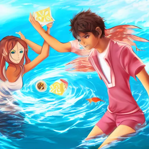 Image similar to aoi asahina and percy jackson playing go fish under the ocean, beautiful digital art