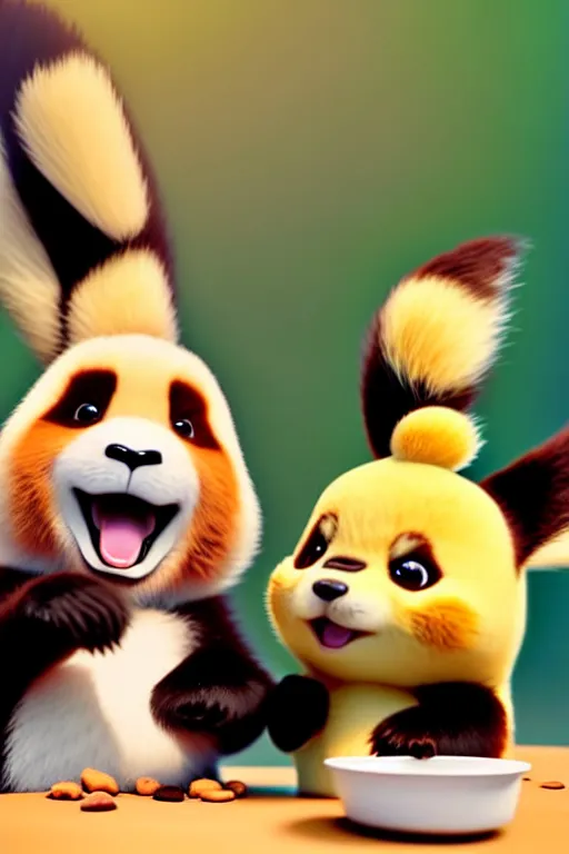 Image similar to high quality 3 d render hyperrealist very cute happy panda & fox hybrid eating ice cream, vray smooth, in the style of detective pikachu, very dramatic light, low angle, uhd 8 k, shallow depth or field