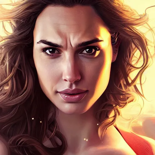 Image similar to a close up face of gal gadot as Kara Zor-El from Kryptonian planet by Stanley Artgerm Lau, WLOP, Rossdraws, James Jean, Andrei Riabovitchev, Marc Simonetti, Yoshitaka Amano, ArtStation, CGSociety, Full body shot