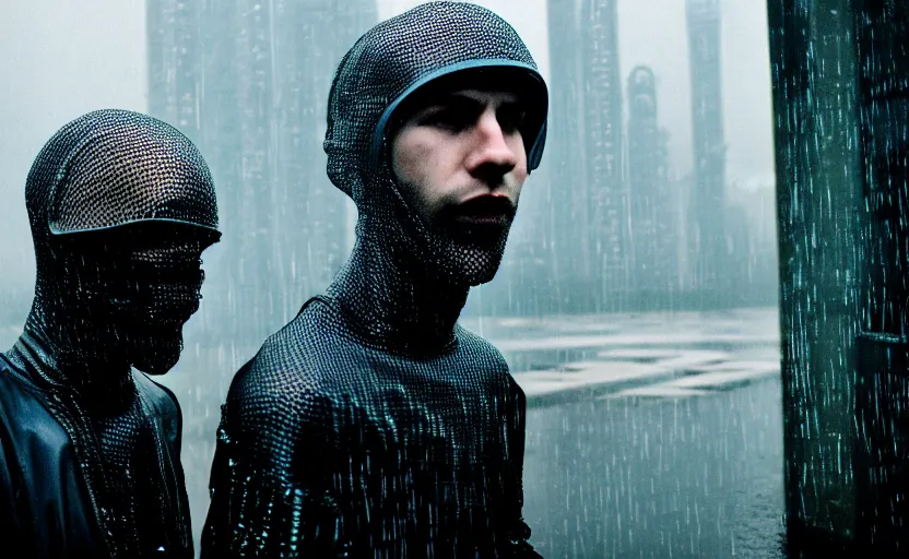 Image similar to cinestill 5 0 d candid photographic portrait by helen levitt of two cyberpunks wearing rugged silver mesh techwear in treacherous waters, extreme closeup, modern cyberpunk moody depressing cinematic, pouring rain, 8 k, hd, high resolution, 3 5 mm, f / 3 2, ultra realistic faces, ex machina
