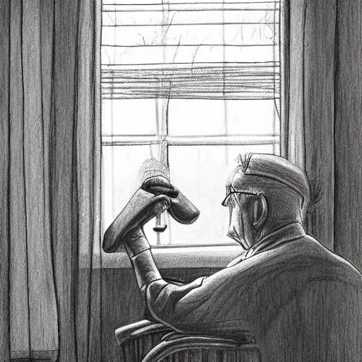 Image similar to pencil drawing of an old man in a nursing home looking out the window and remembering his youth, artistic illustration, stylized, detailed