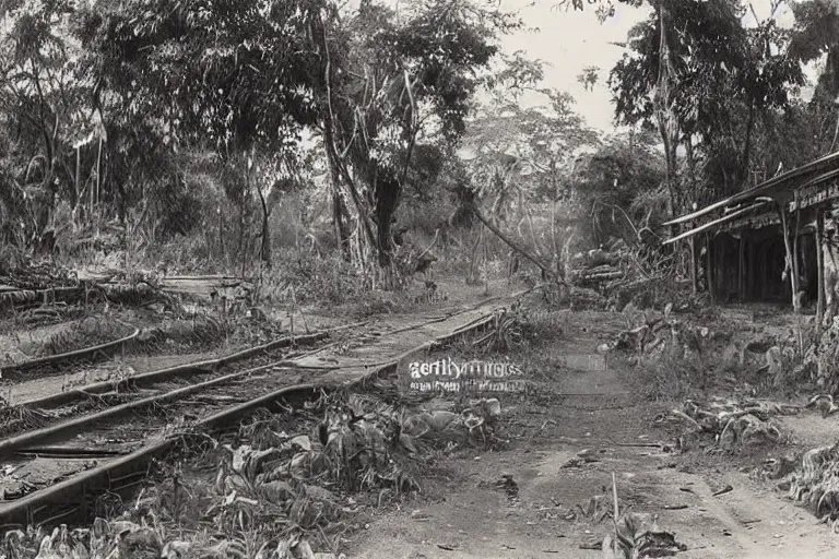 Image similar to a 1 9 0 5 colonial photograph of a african metrostation in a village at the river bank of congo, thick jungle, scary, evil looking, wide angle shot