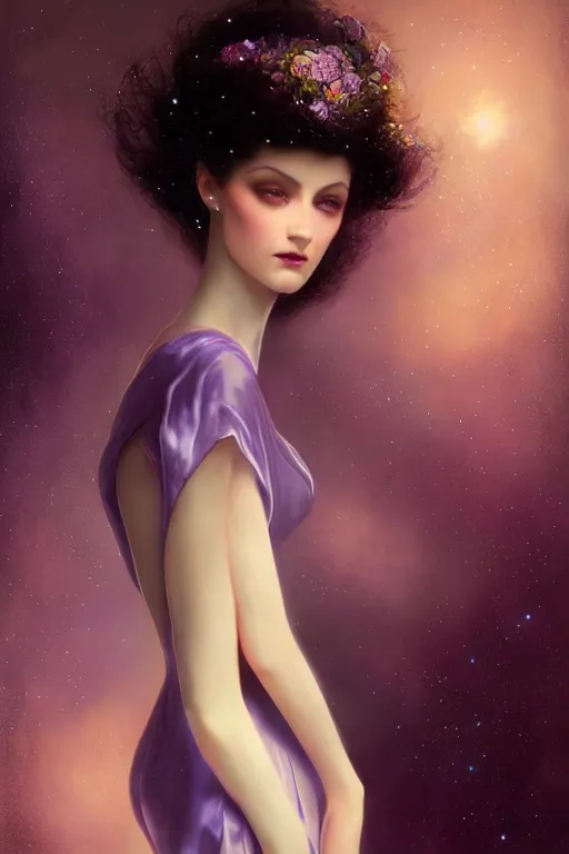 Prompt: Nocturne, glowing, stars, a long-legged elegant evil woman, highly detailed, mysterious, ethereal, dressed in ultra violet velvet, haute couture, illustration, dramatic lighting, soft details, painting, by Edmund Blair Leighton, Brom, Charlie Bowater, trending on artstation, faces by Tom Bagshaw, otto schmidt