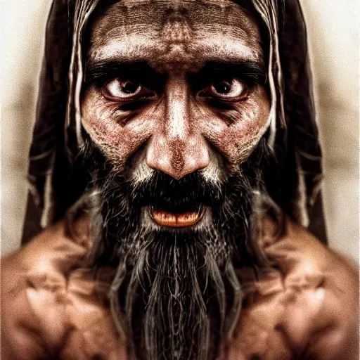 Image similar to realistic exposed expired fuji film portrait of aghori sadhu, hyperrealism, hypermaxiymalism, photorealistic, detailed, atmospheric, 8 k, award winning photography, cinematic