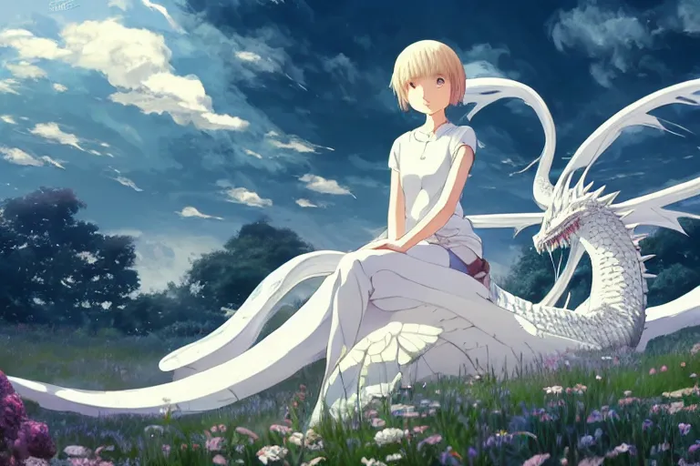 Image similar to a hyper detailed big render that a beautiful girl sitting surrounded by a huge silver white dragon alone in fairyland surrounded by white clouds, finely detailed angelic face, style of studio ghibli, makoto shinkai, xision, ilya kuvshinov and artgerm, kazuki tanahashi, james jean, animation style, golden curve composition, ultra wide angle