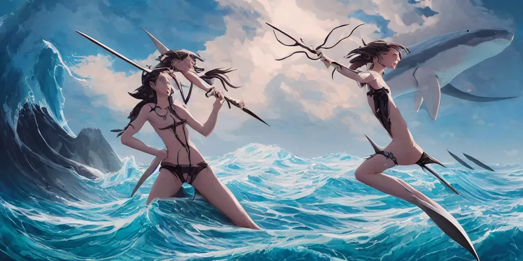 Image similar to close up of a extremely beautiful and aesthetic shark tooth girl holding a symmetrical trident on the horizon, perfect face, symmetric eyes, model pose, slightly smiling, sun set, big wave, big blade whale fighting against thorn sharks flying on the background, epic scene, fantasy illustrations, by peter mohrbacher and makoto shinkai and ferdinand knab