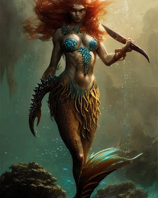 Image similar to a fierce mermaid warrior under water, fantasy character portrait, ultra realistic, concept art, intricate details, highly detailed by greg rutkowski, gaston bussiere, craig mullins, simon bisley