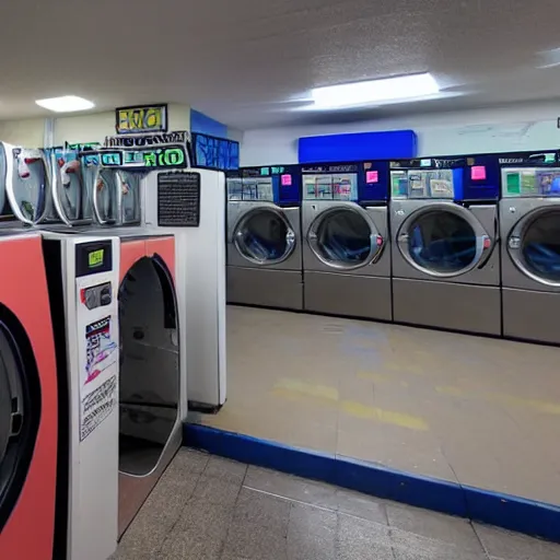 Prompt: a rave happening inside of a laundromat