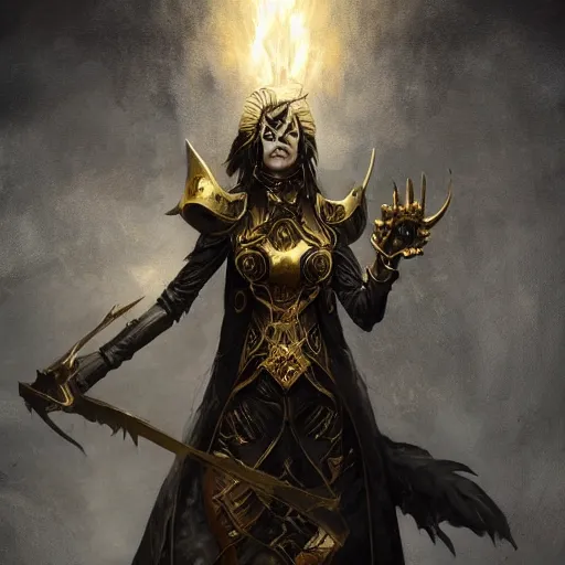 Prompt: magic the gathering character art by bastien lecouffe deharme of a eldritch warrior female wearing black armor with gold lining and a cloak made out of billowing shadows and black feathers, 8 k dop dof