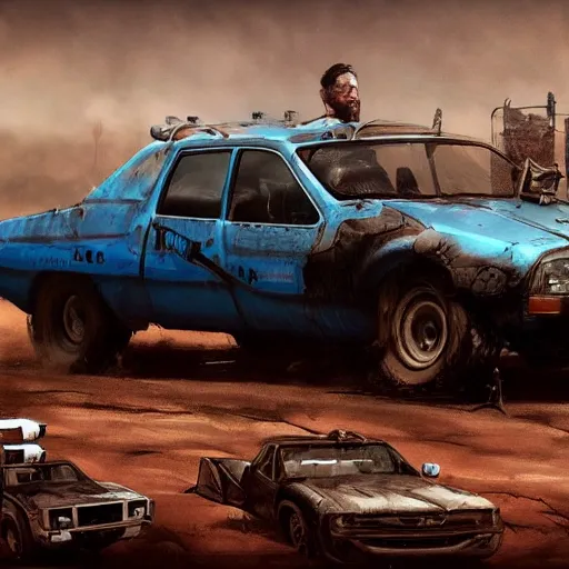 Image similar to a Dacia 1310 car in Mad Max, coriolios rpg art style, full of details, dark sci-fi, cold blue colors, matte painting, artstation, 8k, hyperrealistic, style of peter mohrbacher