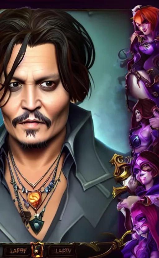 Image similar to Johnny Depp as a character in the game League of Legends, with a background based on the game League of Legends, detailed face, old 3d graphics