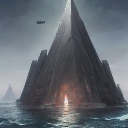 Image similar to star wars concept art by greg rutkowski, a palatial and imposing grey tall triangular pyramid tech tower emerging from the sea in the middle of a ocean landscape, enigmatic atmosphere, beautiful and cinematic lighting, artstation hq.