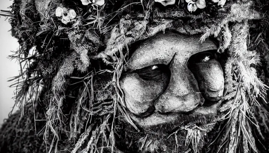 Prompt: portrait of a tyrolean folklore mask, dolomite, forest, wearing hay coat, with horns, eerie, flowers growing out of his body and face, detailed intricate insanely detailed octane render, 8k artistic 1920s photography, black and white, grainy, photorealistic, chiaroscuro, by David Cronenberg, Raphael, Caravaggio