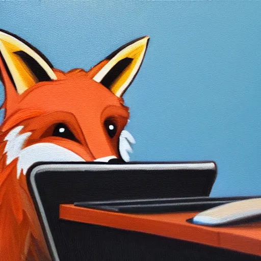 Prompt: oil painting of a fox typing on a laptop