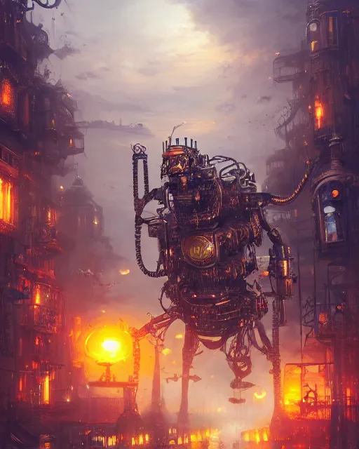 Image similar to oil painting of golden King Kong Steampunk Robot Hybrid attacking city, sharp focus, fantasy style, steampunk city background, octane render, volumetric lighting, 8k high definition, by greg rutkowski, highly detailed, trending on art Station