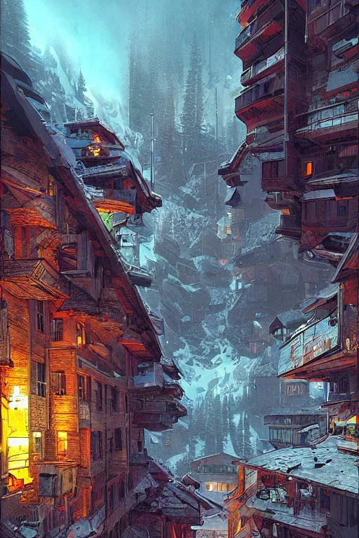 Prompt: beautiful digital illustration Swiss Alps cyberpunk by Marc Simonetti