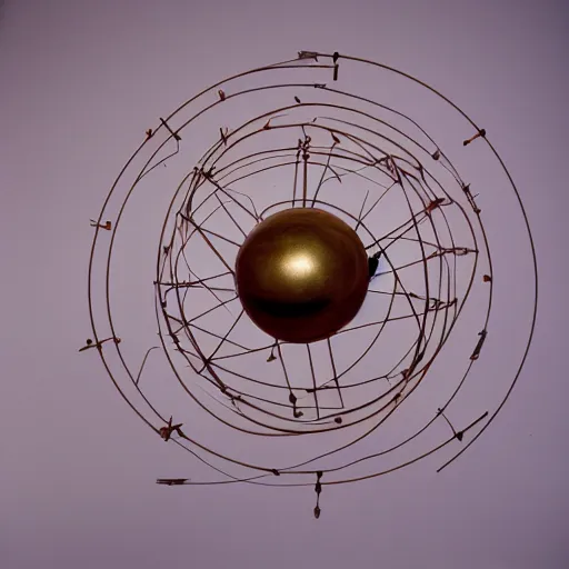 Image similar to a kinetic sculpture of this solar system, sun, orrery, canon 5 d 5 0 mm lens, papier - mache, studio, circa 1 9 9 9