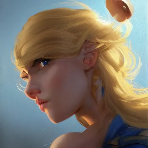 Image similar to portrait of beautiful girl with blond hair and blue eyes, League of Legend illustration by Greg Rutkowski:1, profile picture by Gil Elvgren:2, asymmetrical, Organic Painting, Ambient Occlusion:3, Matte Painting, geometric shapes, hard edges, street art, trending on the artstation, realistic:2 by Sachin Teng:5