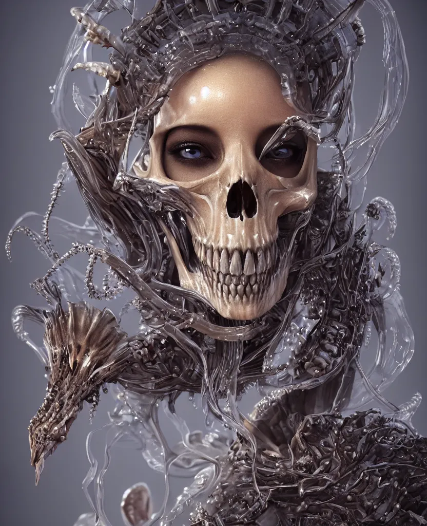 Image similar to close-up macro portrait of the face of a beautiful princess with animal skull mask, epic angle and pose, ribcage bones symmetrical artwork, 3d with depth of field, blurred background, cybernetic jellyfish female face skull phoenix bird, translucent, nautilus, energy flows of water and fire. a highly detailed epic cinematic concept art CG render. made in Maya, Blender and Photoshop, octane render, excellent composition, cinematic dystopian brutalist atmosphere, dynamic dramatic cinematic lighting, aesthetic, very inspirational, arthouse. y Greg Rutkowski, Ilya Kuvshinov, WLOP, Stanley Artgerm Lau, Ruan Jia and Fenghua Zhong