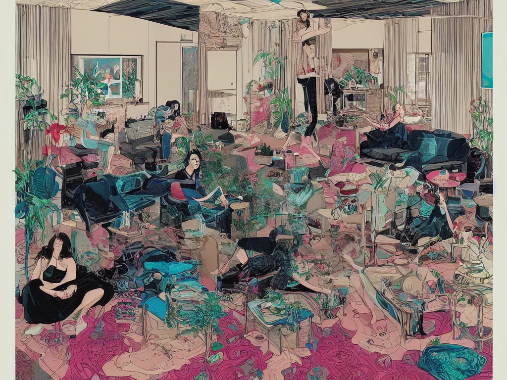 Image similar to Man and woman start to bounce in a living room of a house, floating dark energy surrounds the middle of the room. There is one living room plant to the side of the room, and another woman with siren body sitting on the sofa, screen print by martine johanna and moebius