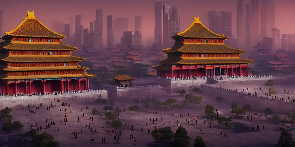 Prompt: a very high resolution image from a new movie, forbidden city in front of the towering skyscrapers, cyberpunk building, in the night, brightly lit, fantasy, wideshot, photorealistic, photography, directed by wes anderson, octane render sci - fi, engine room, digital art, highly detailed