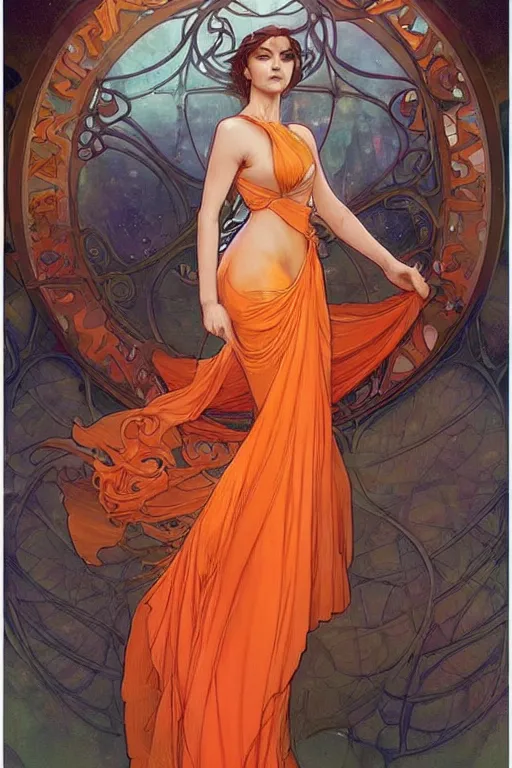 Image similar to man in orange shirt fastens dress, beautiful creation to his spouse before going to exquisite gala art by artgerm and greg rutkowski and charlie bowater and magali villeneuve and alphonse mucha