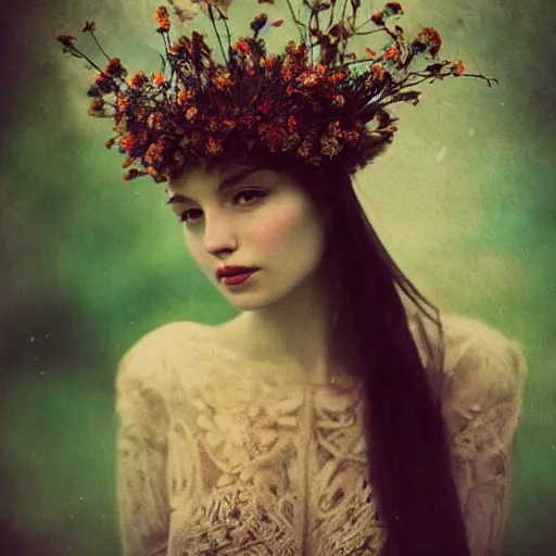 Image similar to fine art photo of the most beautiful woman, she has a crown of dried flowers, by oleg oprisco