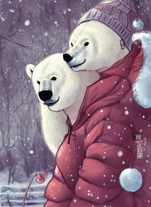 Image similar to character portrait of a female anthro polar bear fursona and a cute beautiful attractive detailed furry face wearing stylish cute winter clothes in a cozy winter cabin. hidari, color page, tankoban, 4K, tone mapping, Akihiko Yoshida.