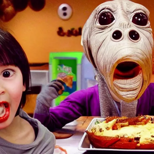 Prompt: E.T being eaten in mukbang video