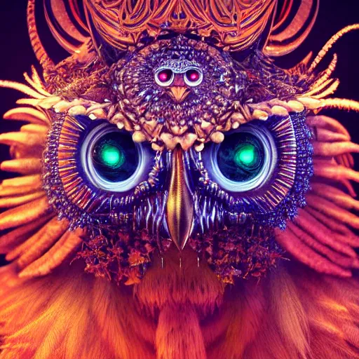 Image similar to detailed portrait of a alien magical owl, wearing a diamond crown, glowing feathers, halfway through, hyper detailed, stylistic, symmetrical, ethereal bohemian, detailed render, hdr, octane render