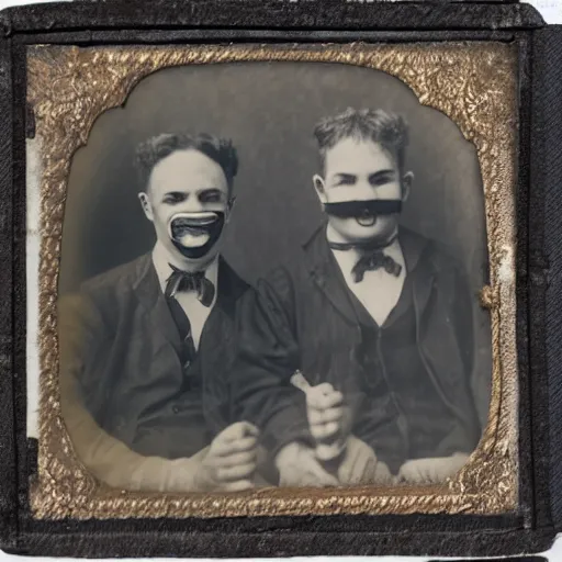 Prompt: tintype photo of two clowns drinking