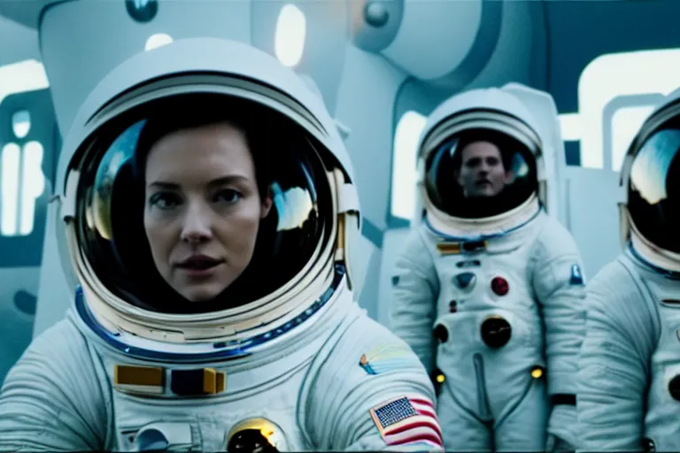 Image similar to film still of closeup beautiful model space tourists, space port by emmanuel lubezki