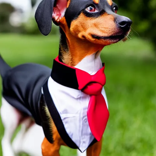 Image similar to pinscher wearing a black tuxedo and a red tie