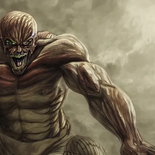 Prompt: Realistic Armored titan rushing through the big walls, attack on titan