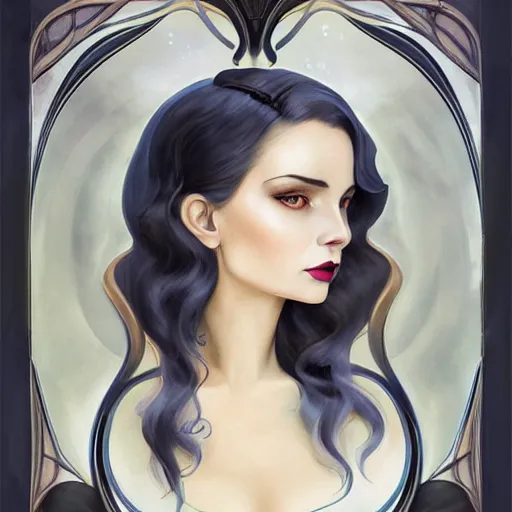 Image similar to an art nouveau, ( streamline moderne ), multi - racial portrait in the style of anna dittmann and charlie bowater and loish. very large, clear, expressive, and intelligent eyes. symmetrical, centered, ultrasharp focus, dramatic lighting, photorealistic digital matte painting, intricate ultra detailed background.