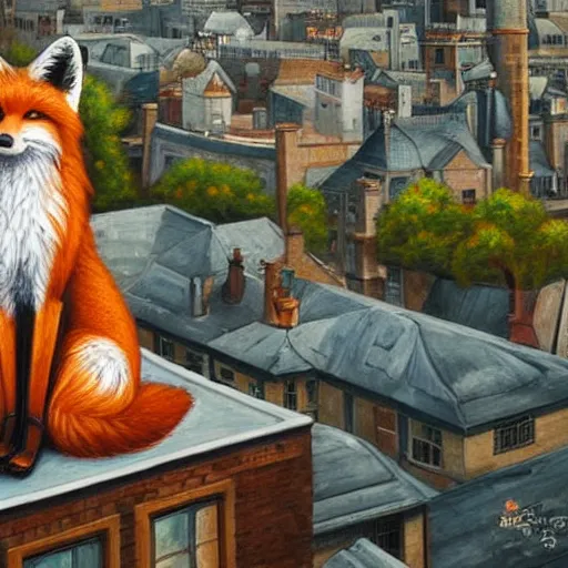 Image similar to anthropomorphic fox standing on a rooftop looking down on the city streets below, highly detailed painting