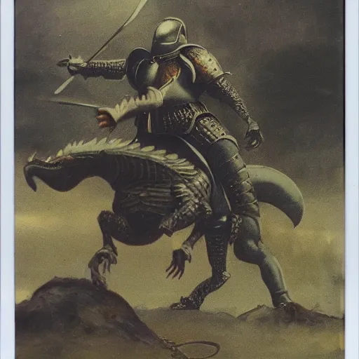 Image similar to polaroid of medieval knight in battle with a dragon