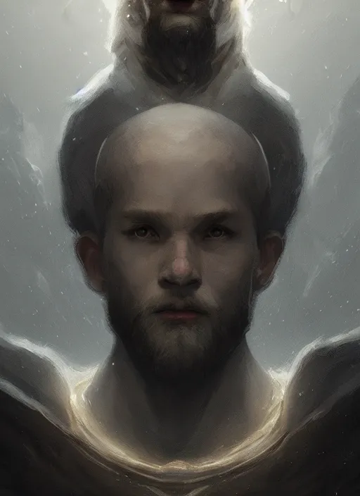 Prompt: long-shot portrait of a pale wise man who created the universe, wolf god. In style of Hyung-tae Kim and Greg Rutkowski, concept art, trending on ArtStation, over-detailed art, 8K, epic, dynamic lightning, dramatic pose.