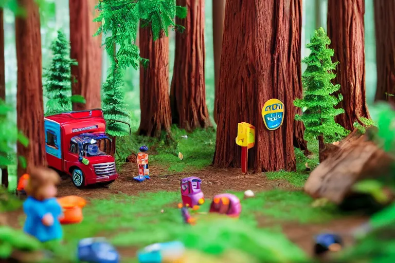 Image similar to fisher price redwood forest, california scene from tv show hyper detailed 5 5 mm 8 5 mm, toy photography, made out of plastic