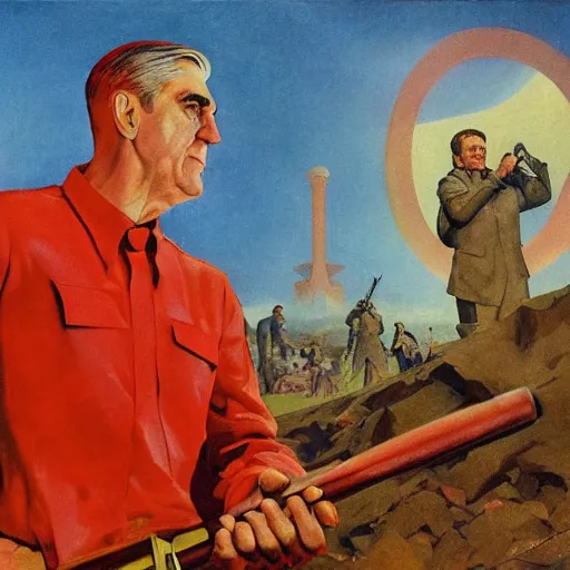 Image similar to soviet propaganda of robert mueller holding a hammer and sickle in realistic collective farm, by j. c. leyendecker, bosch, and beksinski