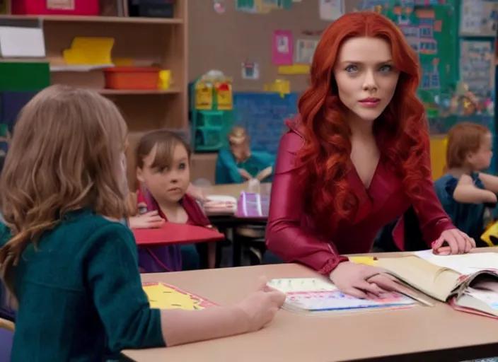 Image similar to Scarlett Witch working as a kindergarten teacher in the new avengers movie, 4k