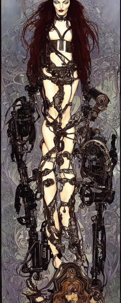 Image similar to a beautiful and captivating art nouveau industrial style portrait of morticia adams as a heavy metal rebel soldier by chris achilleos, travis charest and alphonse mucha, mixed media painting, photorealism, extremely hyperdetailed, perfect symmetrical facial features, perfect anatomy, ornate declotage, circuitry, technical detail, confident expression